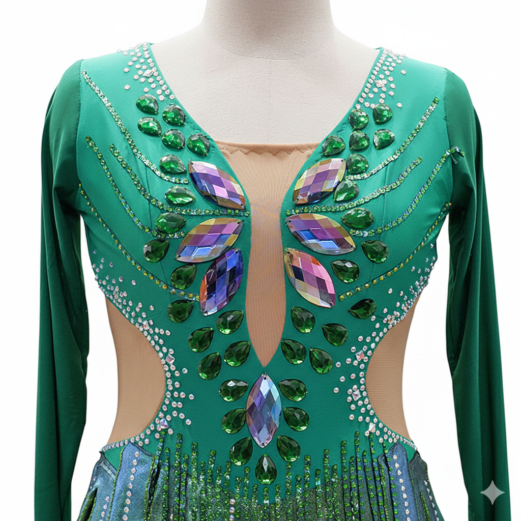 ByCharme Sea Green Brown Chiffon Latin Salsa Competition Dress - BCL-0070