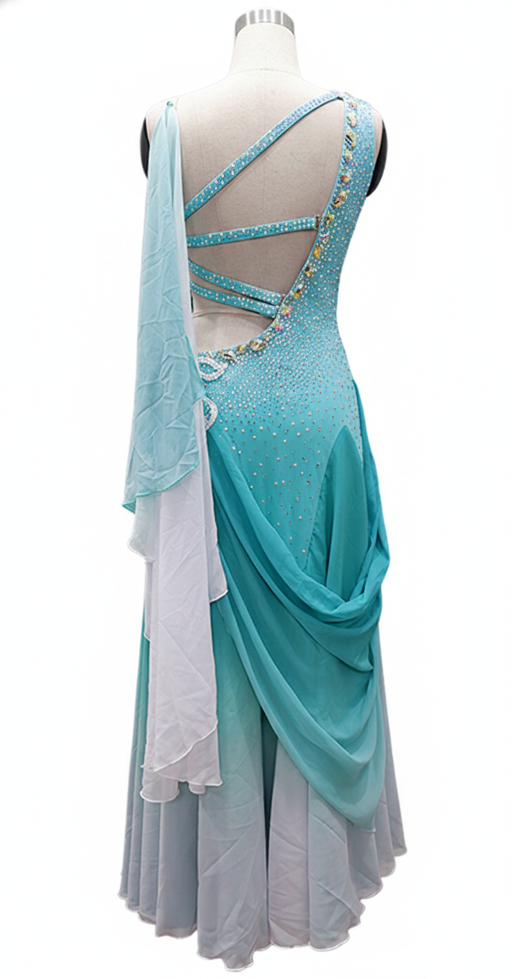 ByCharme Cyan Blue Chiffon Ballroom Competition Dress - BC-0055