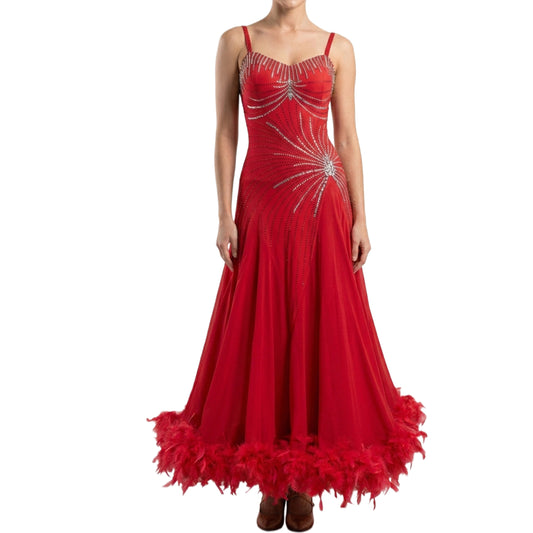 ByCharme Bright Red Feather Ballroom Competition Dress - BC-0022