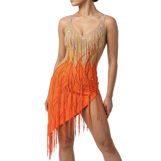ByCharme Orange Gold Tan Chiffon Latin Salsa Competition Dress - BCL-0080