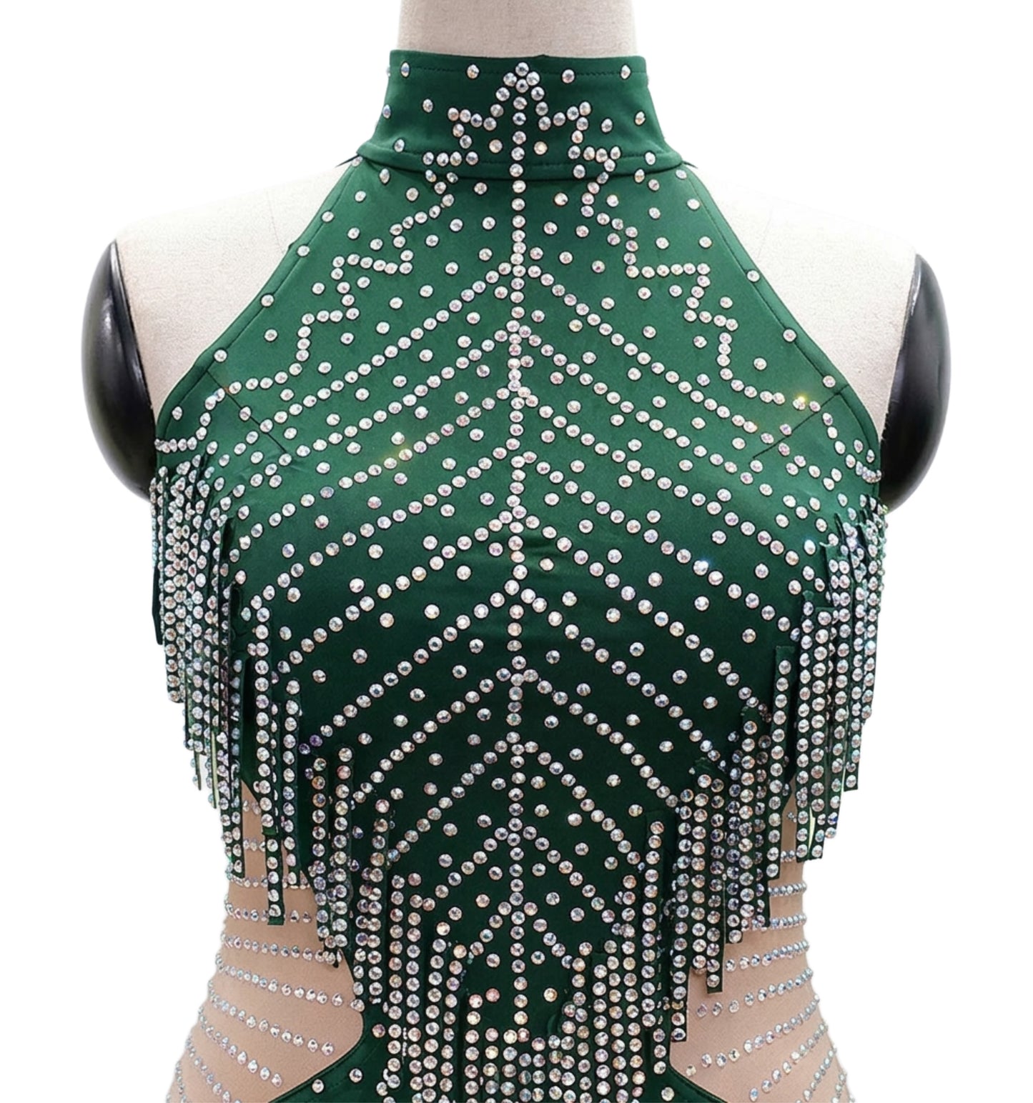 ByCharme Dark Green Silver Tan Fringes Latin Salsa Competition Dress - BCL-0152