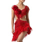 ByCharme Bright Red Tan Feather Latin Salsa Competition Dress - BCL-0105