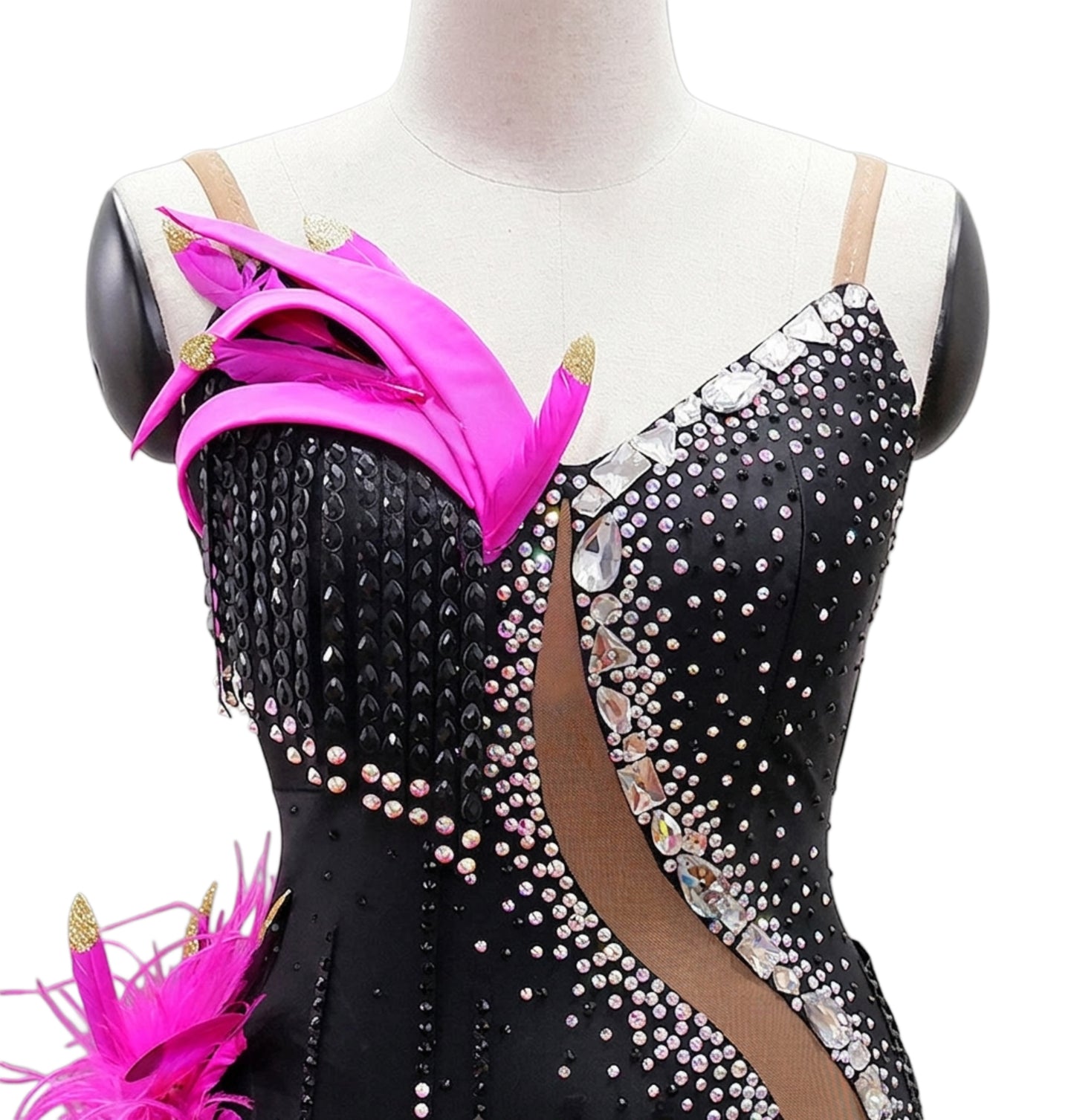 ByCharme Black Magenta Silver Feathers Latin Salsa Competition Dress - BCL-0136