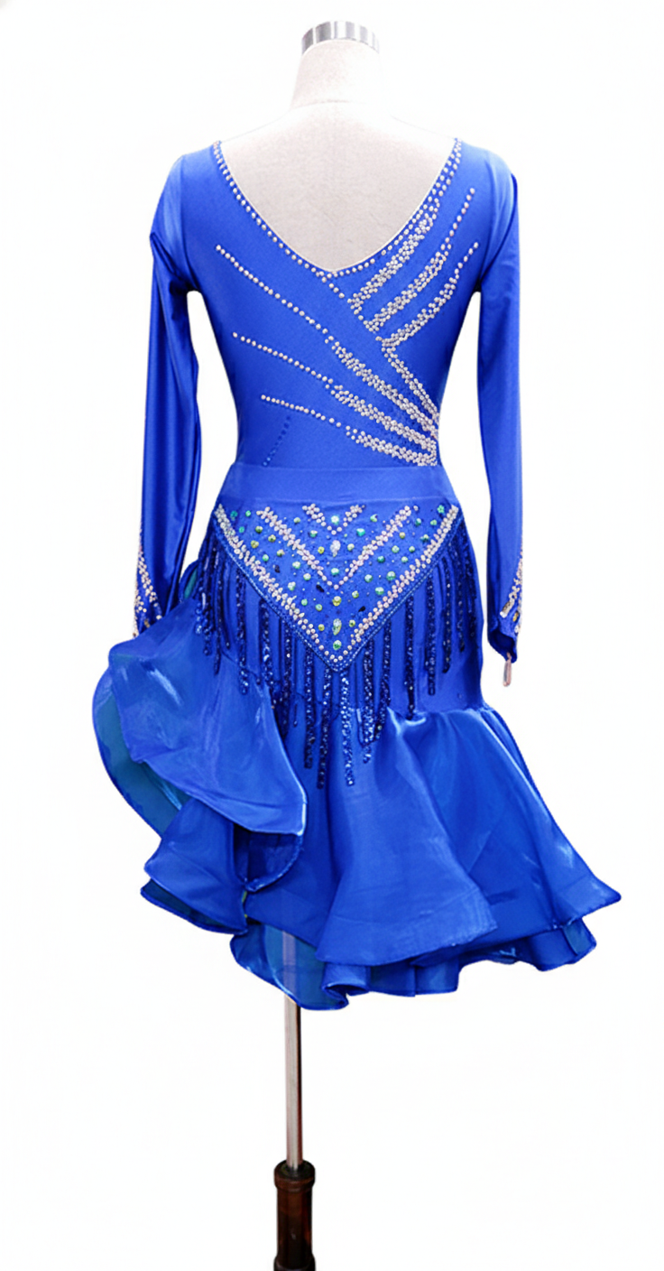 ByCharme Blue Silver Sequined Fringes Latin Salsa Competition Dress - BCL-0002