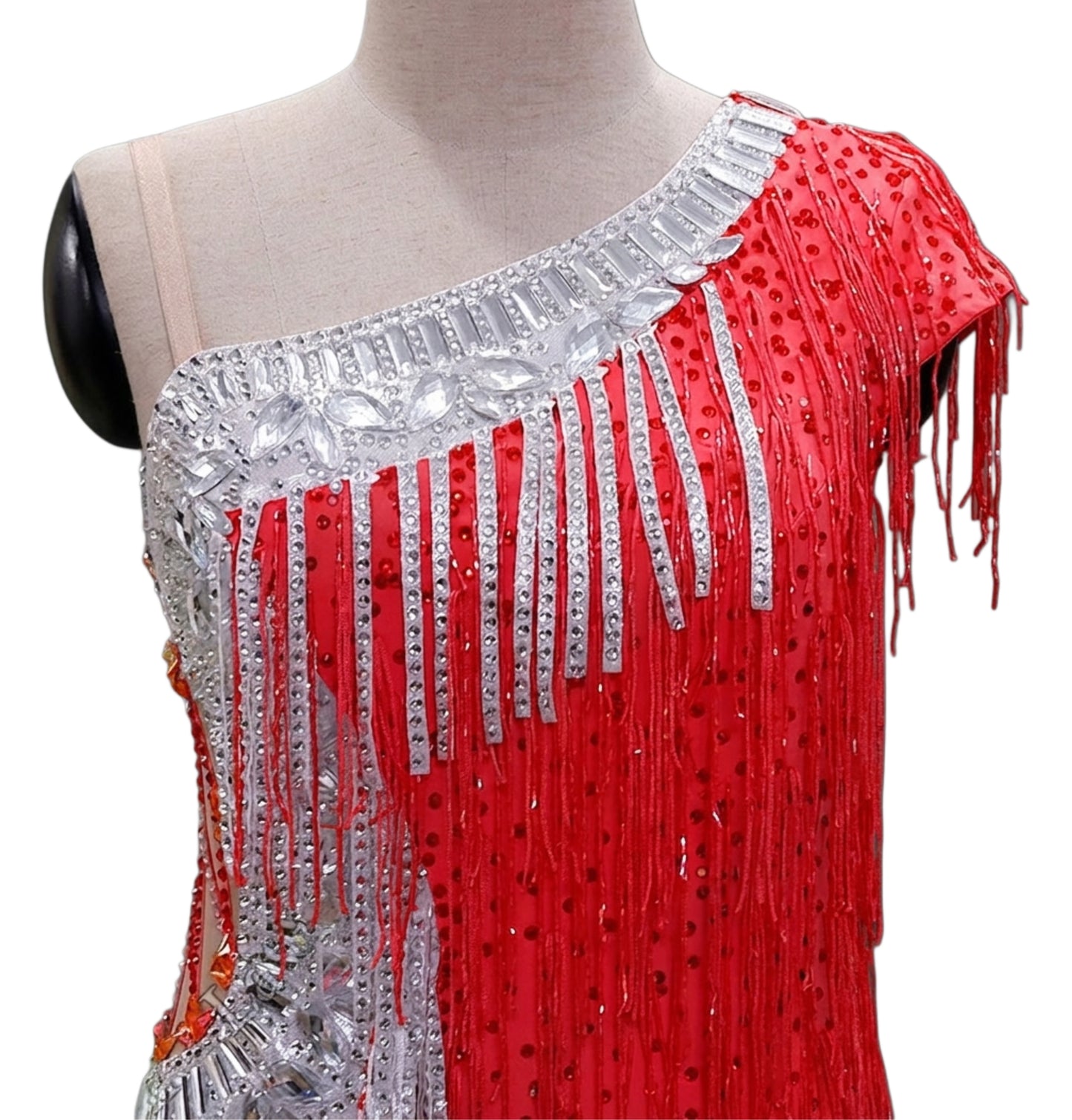 ByCharme Red Silver White Tan Fringes Latin Salsa Competition Dress - BCL-0196