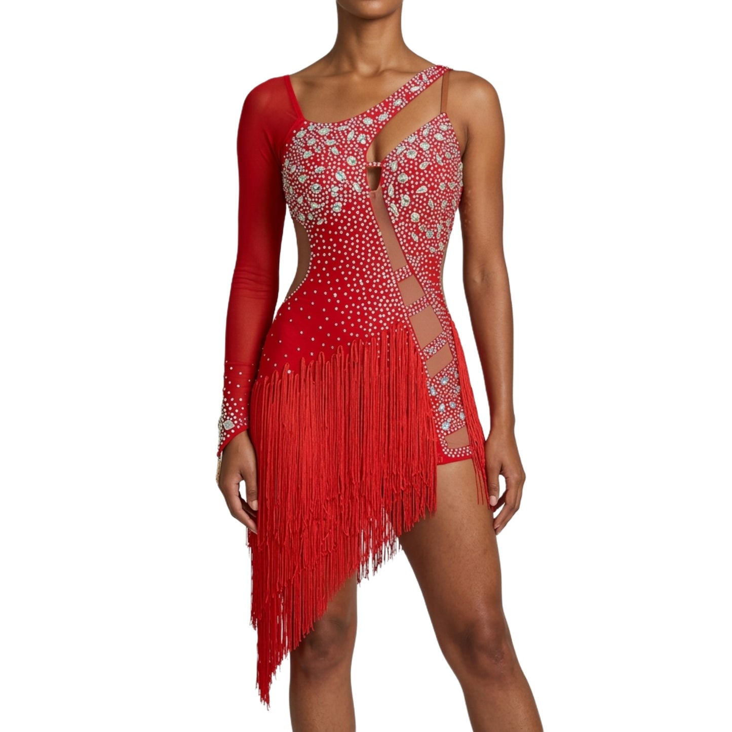 ByCharme Bright Red Light Brown Silver Fringes Latin Salsa Competition Dress - BCL-0193