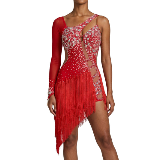 ByCharme Bright Red Light Brown Silver Fringes Latin Salsa Competition Dress - BCL-0193