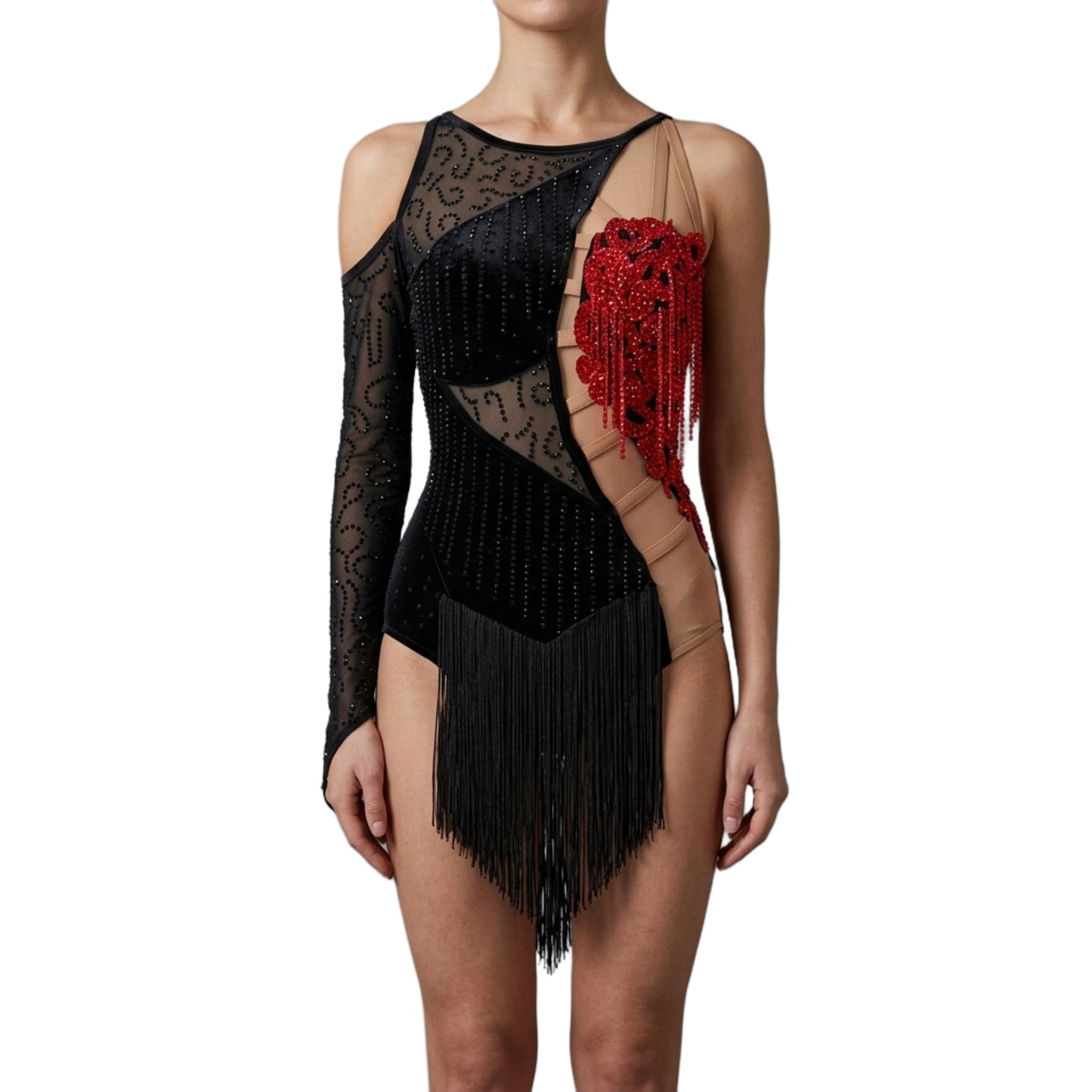 ByCharme Black Red Brown Fringes Latin Salsa Competition Dress - BCL-0107