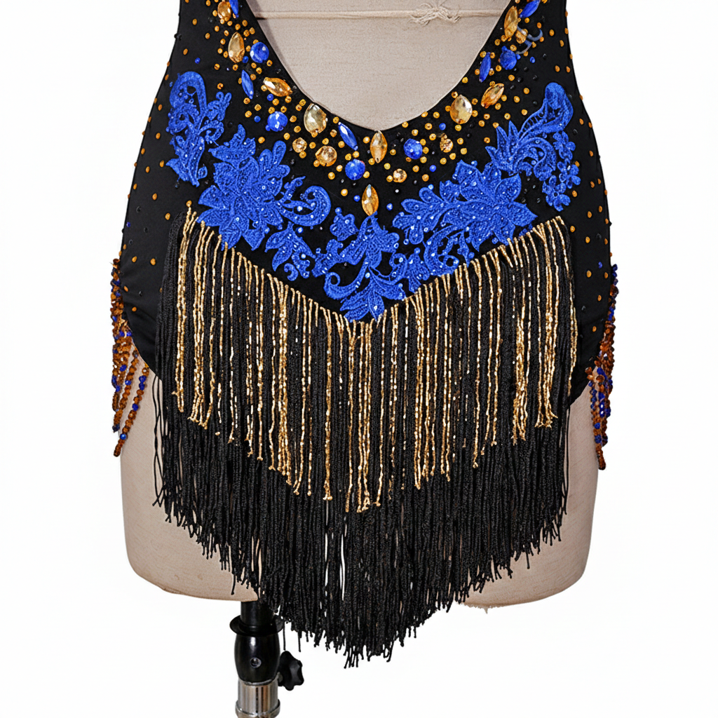 ByCharme Black Blue Gold Fringes Latin Salsa Competition Dress - BCL-0001