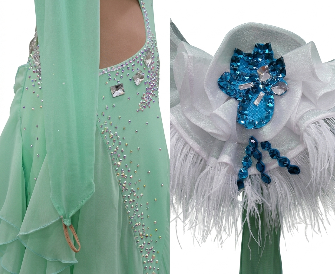 ByCharme Aquamarine Feather Ballroom Competition Dress - BC-0060