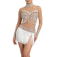 ByCharme White Light Brown Pearl Fringes Latin Salsa Competition Dress - BCL-0154