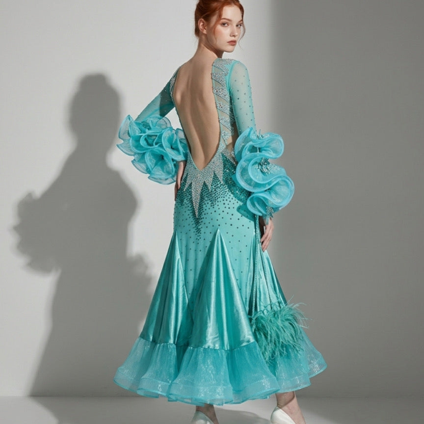 ByCharme Spring Green Feather Ballroom Competition Dress - BC-0222