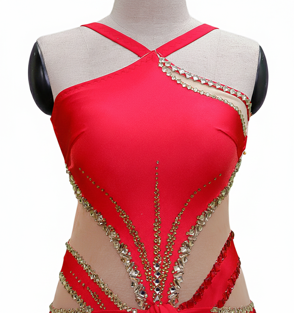 ByCharme Red Gold Tan Fringes Latin Salsa Competition Dress - BCL-0041