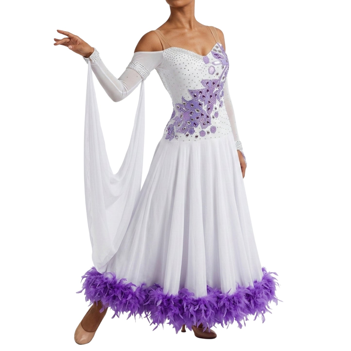 ByCharme White & Purple Feather Ballroom Competition Dress - BC-0038