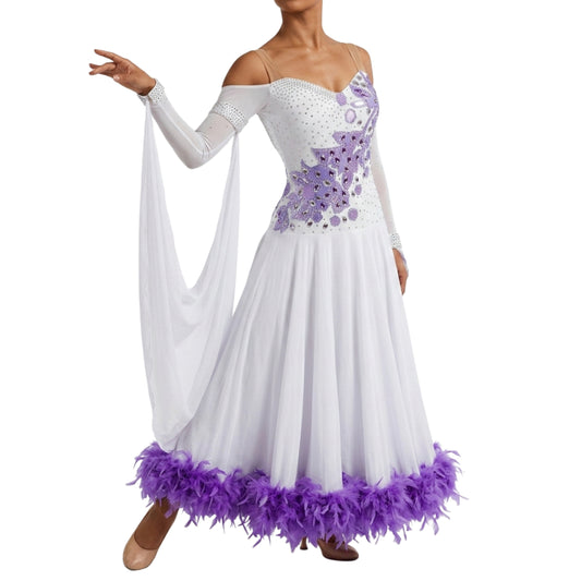 ByCharme White & Purple Feather Ballroom Competition Dress - BC-0038