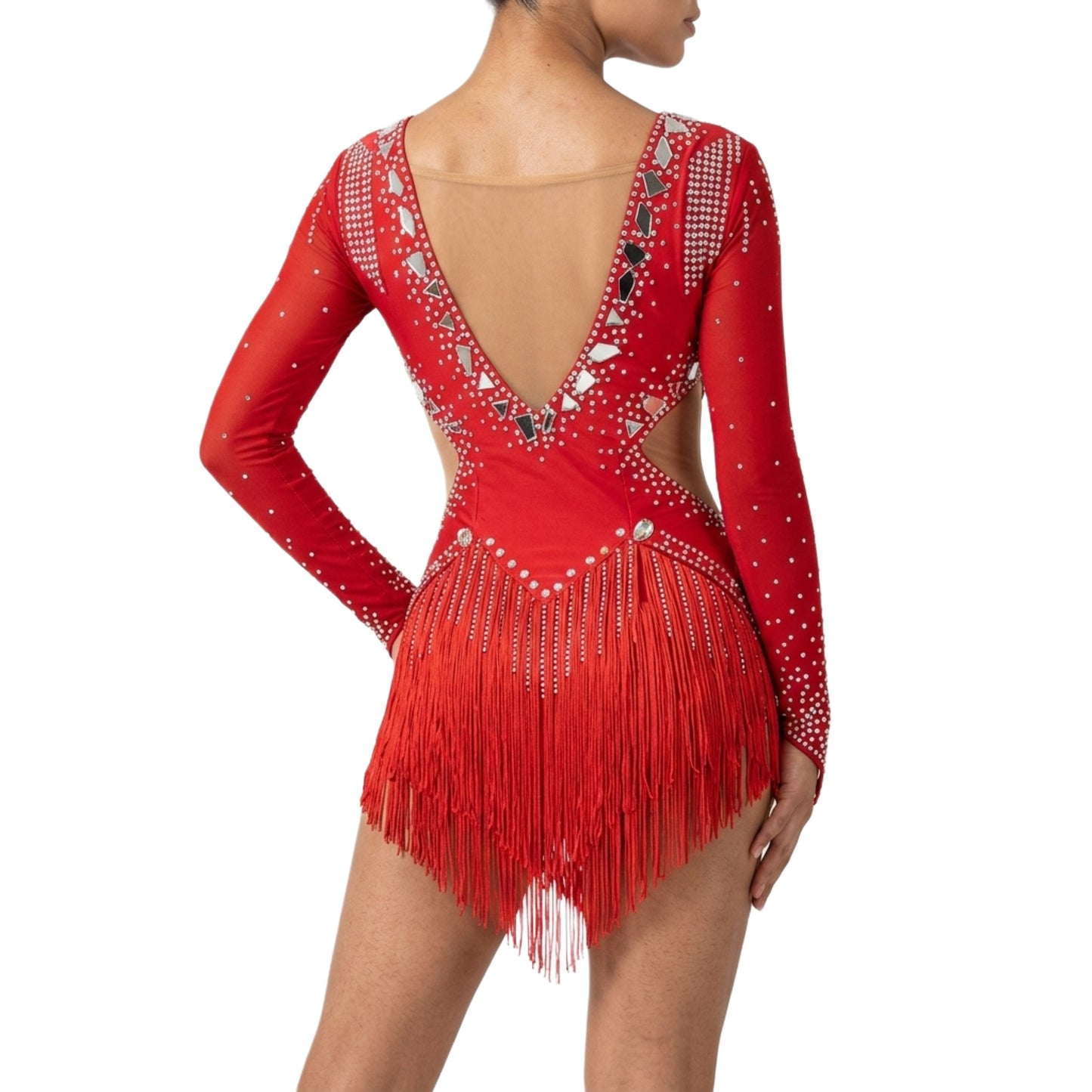 ByCharme Bright Red Silver Fringes Latin Salsa Competition Dress - BCL-0104
