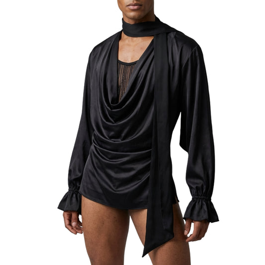 ByCharme Black Satin Men Latin Salsa Competition Shirt - BCM-0006