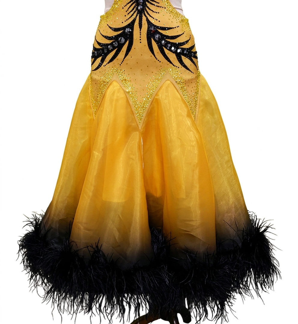 ByCharme Dark Yellow Feather Ballroom Competition Dress - BC-0228