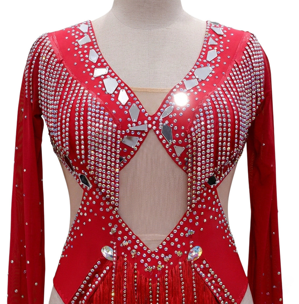 ByCharme Bright Red Silver Fringes Latin Salsa Competition Dress - BCL-0104