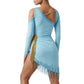 ByCharme Sky Blue Gold Fringes Latin Salsa Competition Dress - BCL-0151