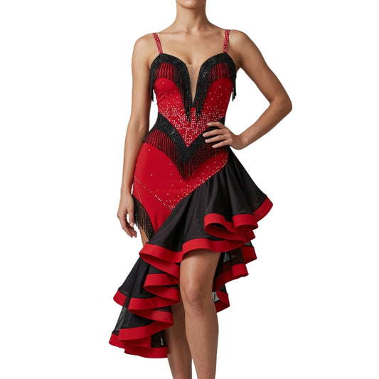 ByCharme Bright Red Black Tan Fringes Latin Salsa Competition Dress - BCL-0132