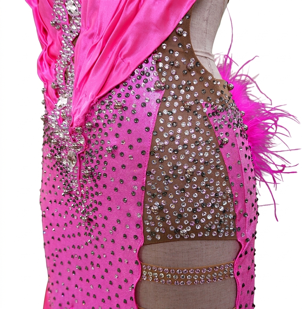 ByCharme Neon Pink Feather Ballroom Competition Dress - BC-0220