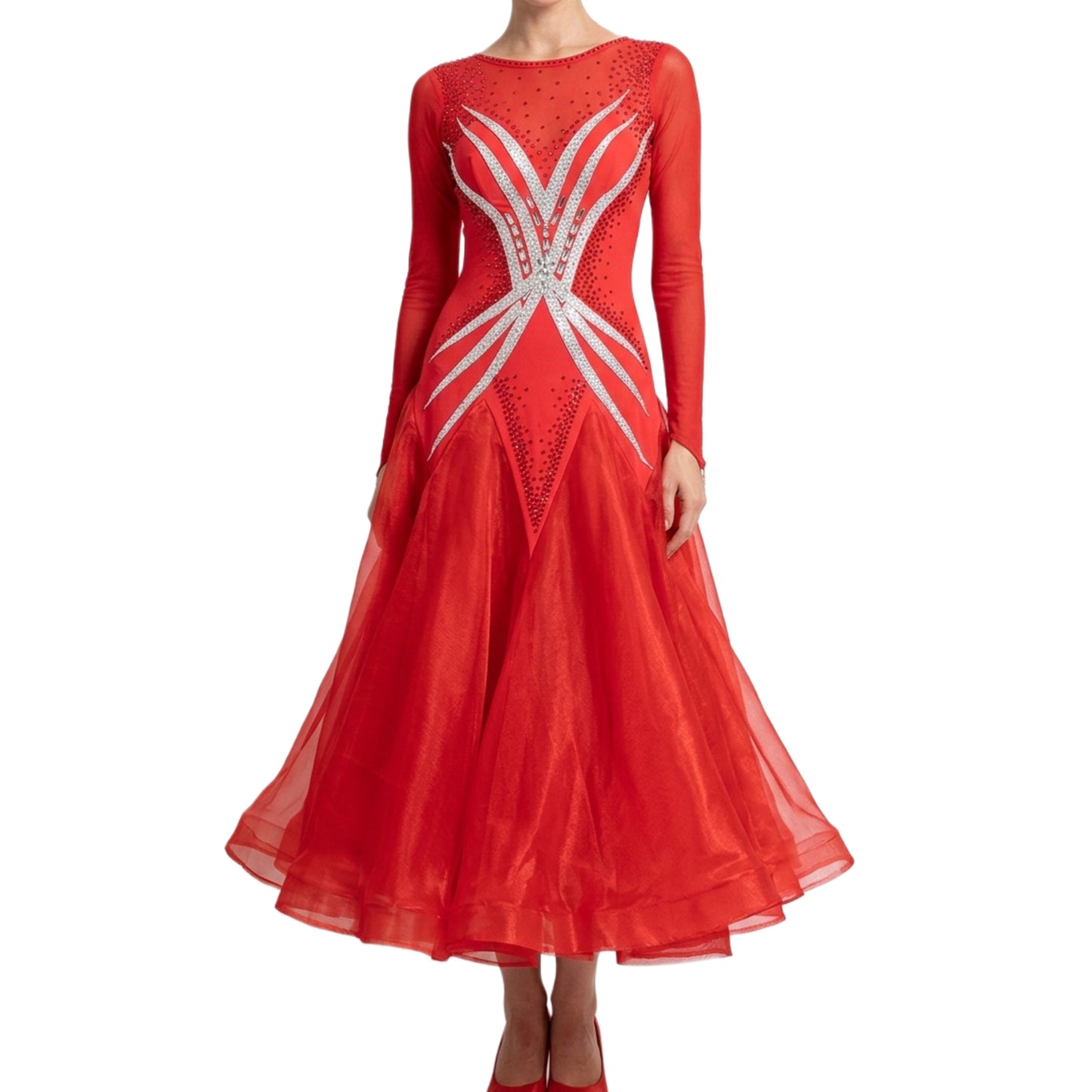 ByCharme Bright Red Chiffon Ballroom Competition Dress - BC-0009