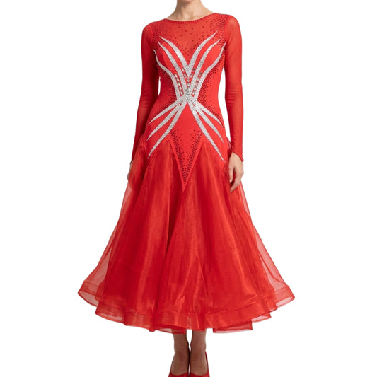 ByCharme Bright Red Chiffon Ballroom Competition Dress - BC-0009