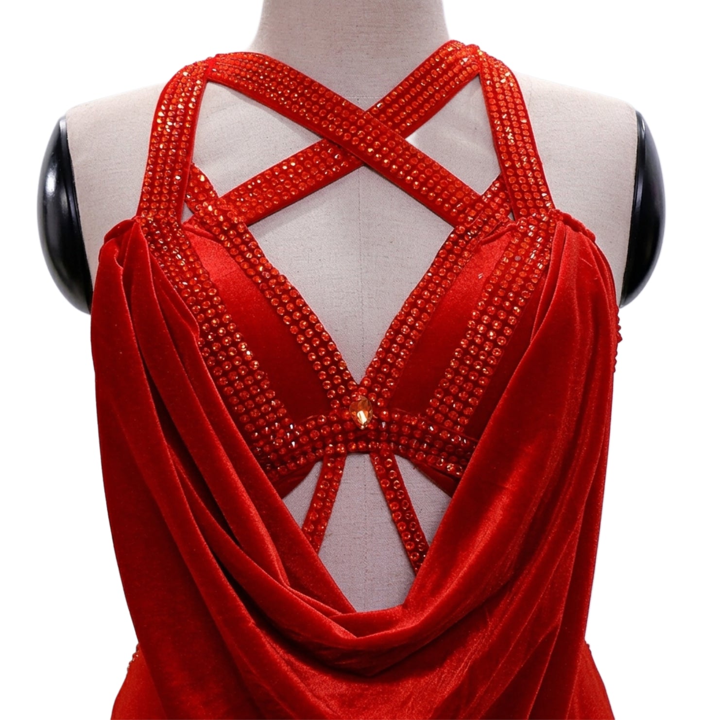 ByCharme Orange Red Velvet Fringes Latin Salsa Competition Dress - BCL-0187