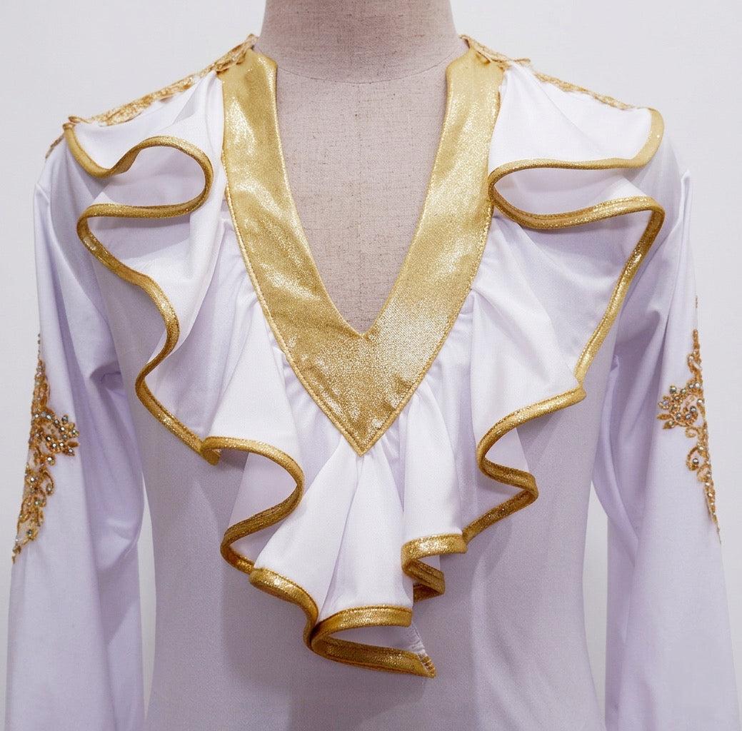 ByCharme White Gold Lycra Men Latin Salsa Competition Shirt - BCM-0078