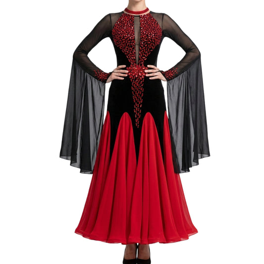 ByCharme Bright Red Velvet Ballroom Competition Dress - BC-0011