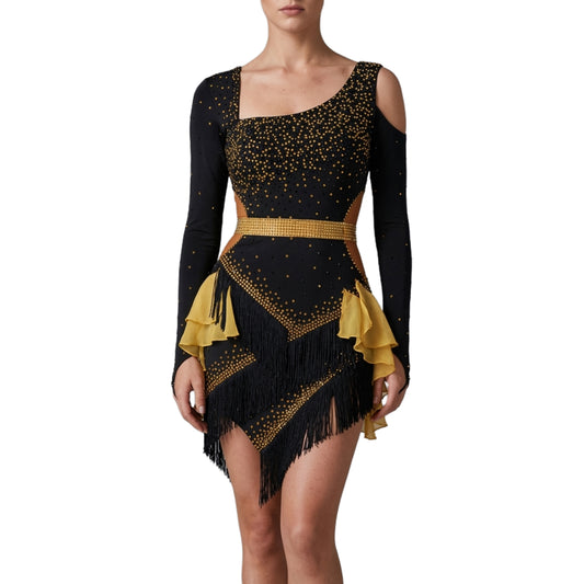 ByCharme Black Gold Brown Fringes Latin Salsa Competition Dress - BCL-0129