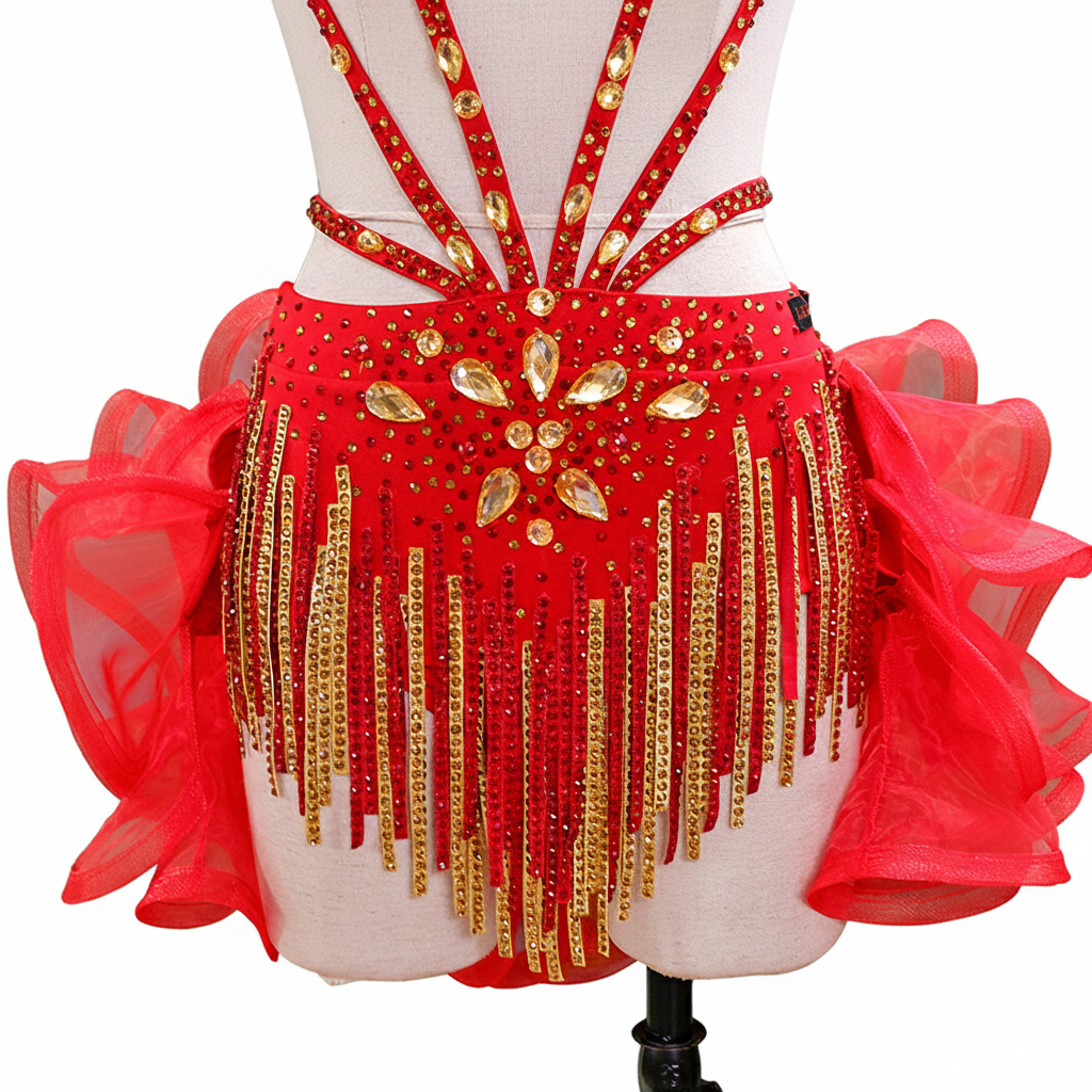 ByCharme Red Gold Chiffon Latin Salsa Competition Dress - BCL-0051