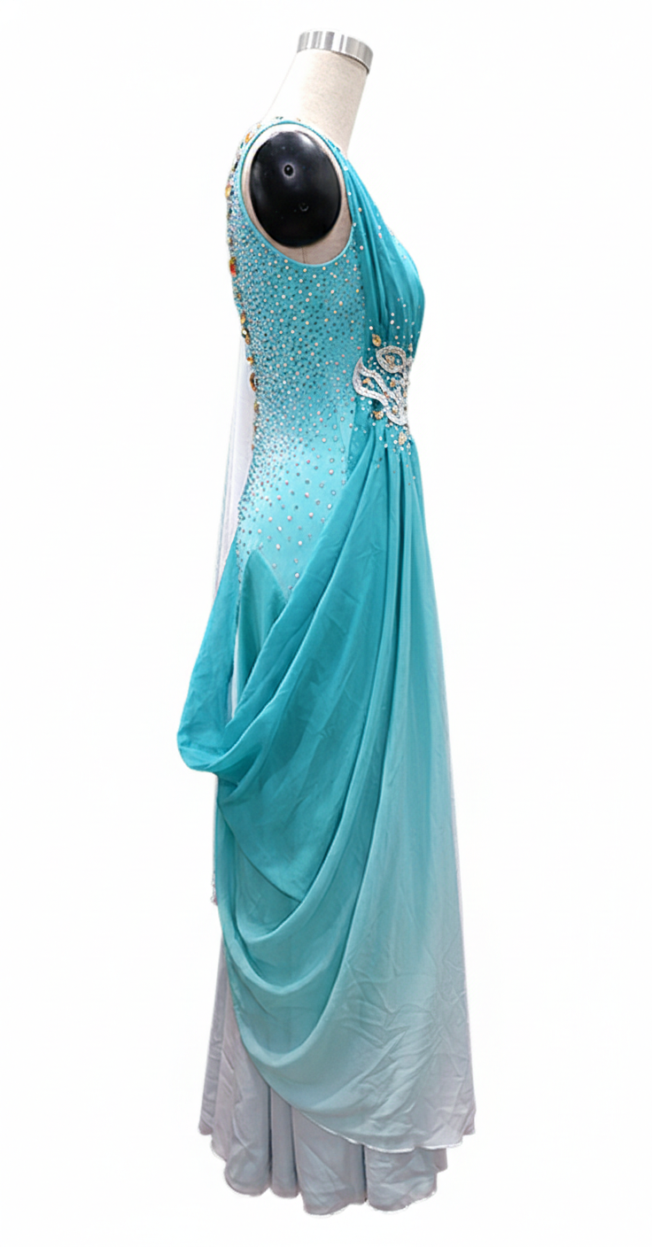 ByCharme Cyan Blue Chiffon Ballroom Competition Dress - BC-0055