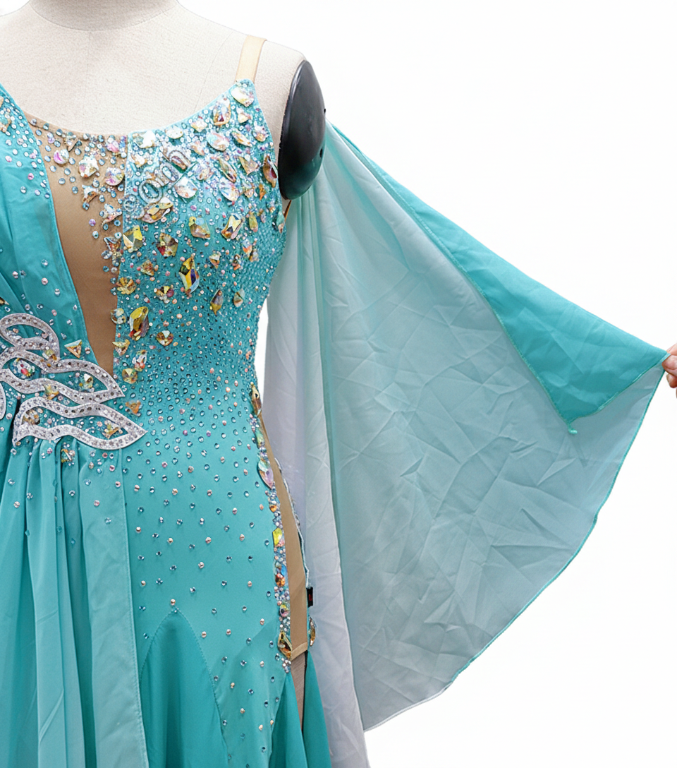 ByCharme Cyan Blue Chiffon Ballroom Competition Dress - BC-0055