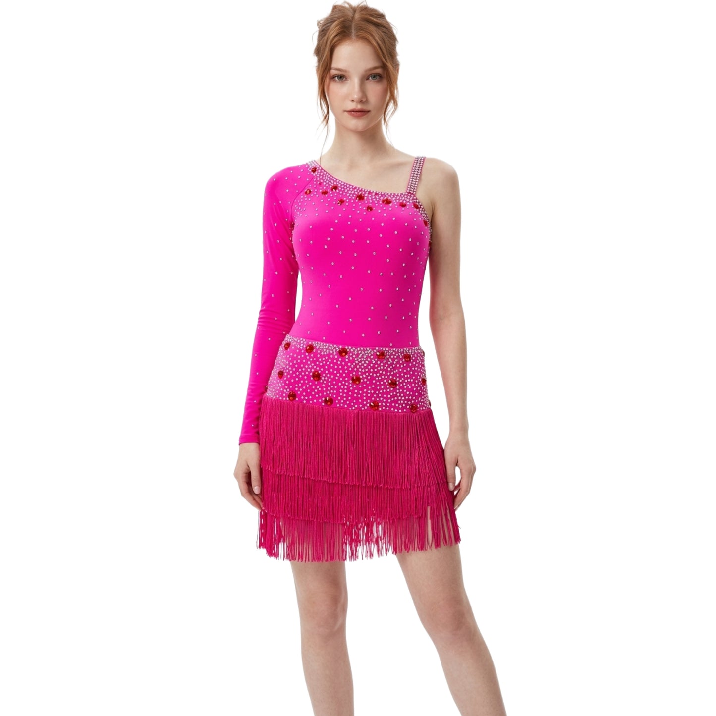 ByCharme Neon Pink Fringes Latin Salsa Competition 2 in 1 Dress - BC2-0010