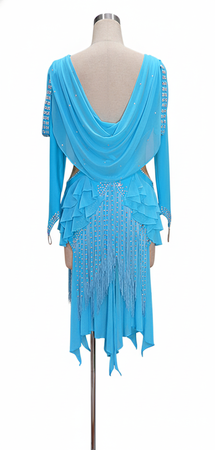 ByCharme Sky Blue Silver Tan Fringes Latin Salsa Competition Dress - BCL-0028