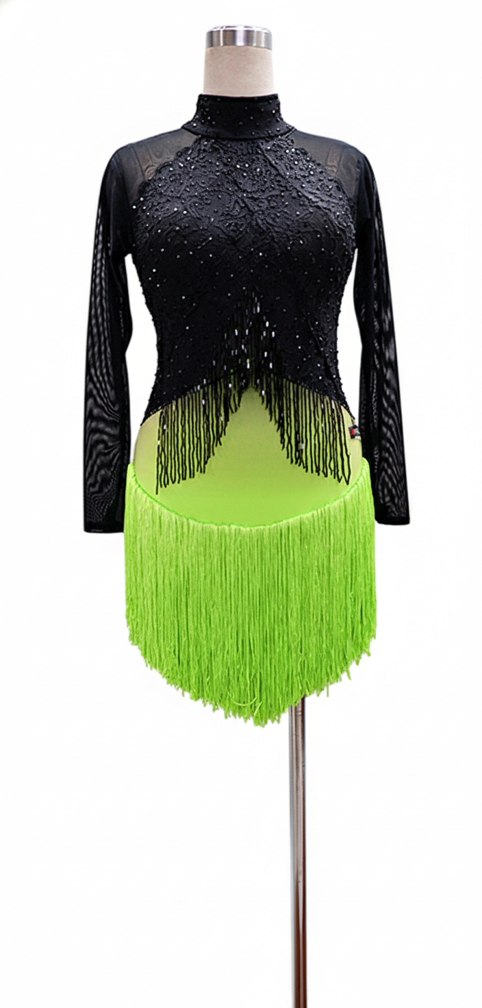 ByCharme Black Green Lace Latin Salsa Competition Dress - BCL-0025