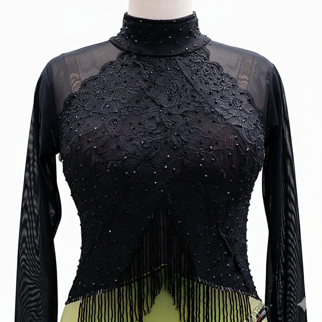 ByCharme Black Green Lace Latin Salsa Competition Dress - BCL-0025