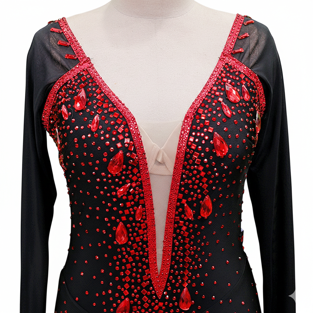 ByCharme Black Red Fringes Latin Salsa Competition Dress - BCL-0084