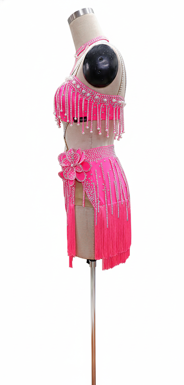 ByCharme Pink Silver Brown Fringes Latin Salsa Competition Dress - BCL-0063