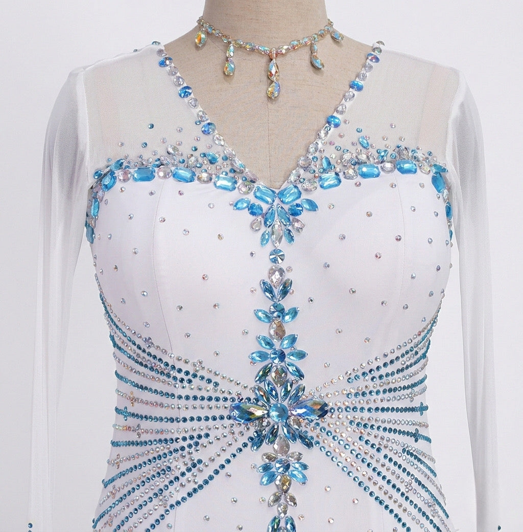 ByCharme White & Sky Blue Chiffon Ballroom Competition Dress - BC-0037