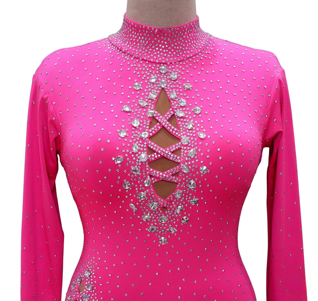 ByCharme Neon Pink Brown Silver Rhinestones Latin Salsa Competition Dress - BCL-0190