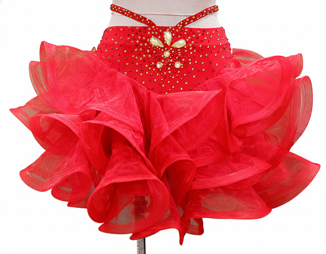 ByCharme Red Gold Chiffon Latin Salsa Competition Dress - BCL-0051