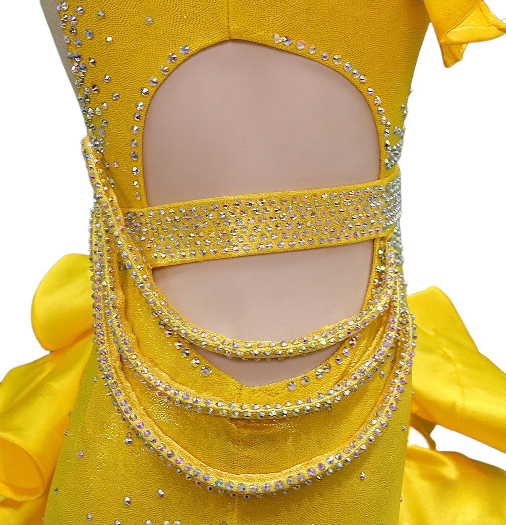 ByCharme Dark Yellow Tan Satin Fringes Latin Salsa Competition Dress - BCL-0195