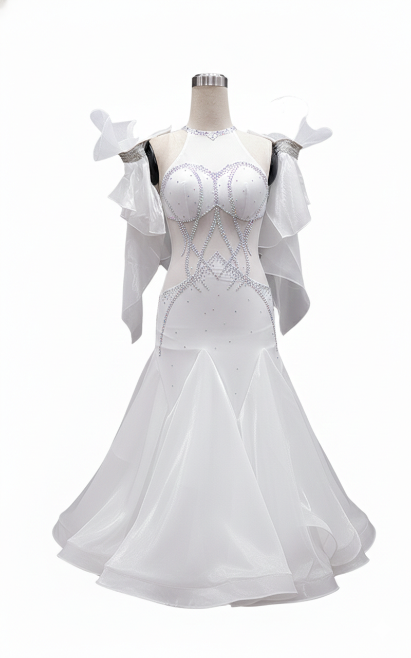 ByCharme White Chiffon Ballroom Competition Dress - BC-0056