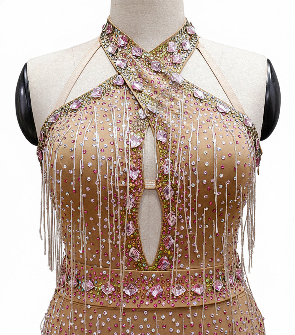 ByCharme Dark Tan Pink Exquisite Edition Latin Salsa Competition Dress - BCL-0090