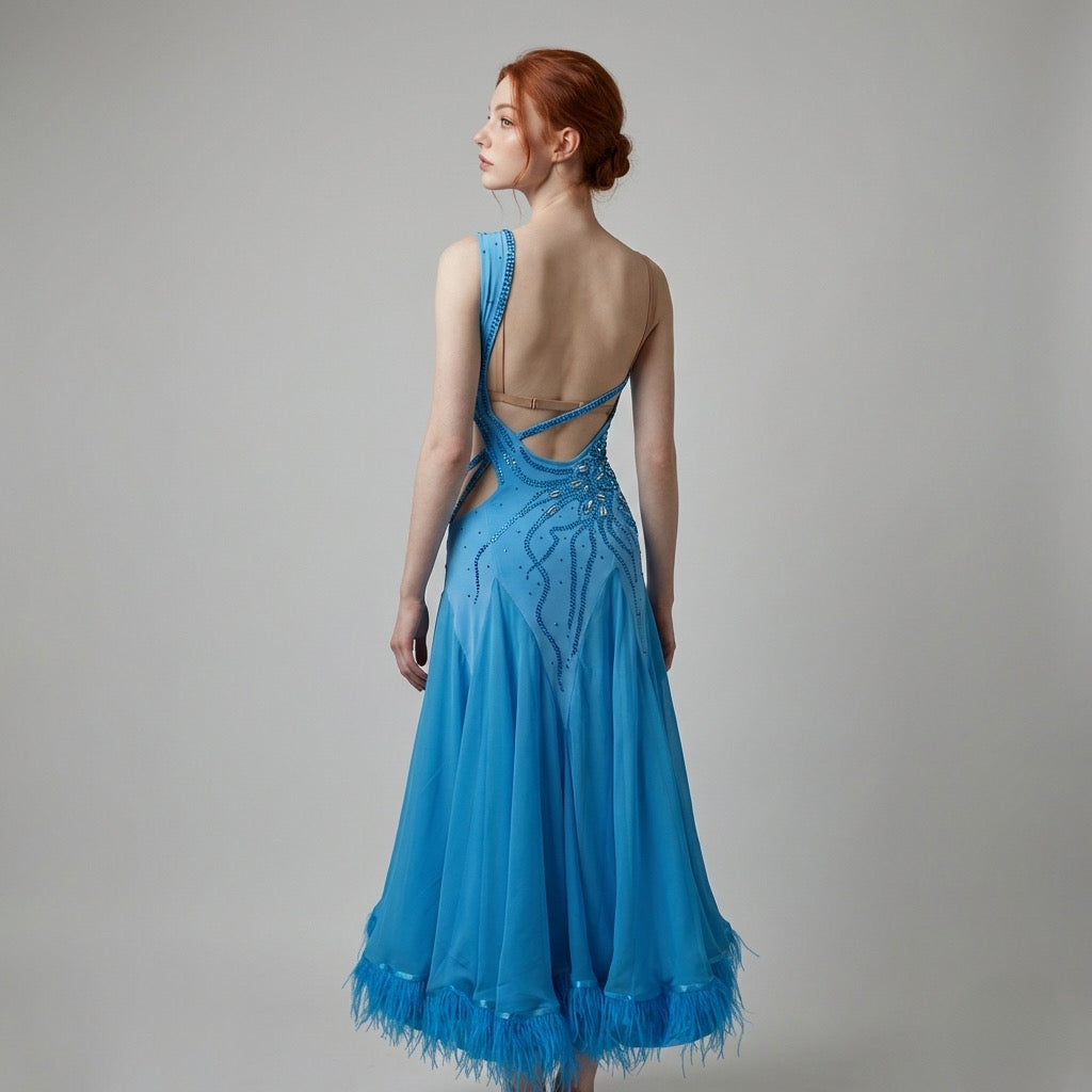ByCharme Deep Sky Blue Feather Ballroom Competition Dress - BC-0219