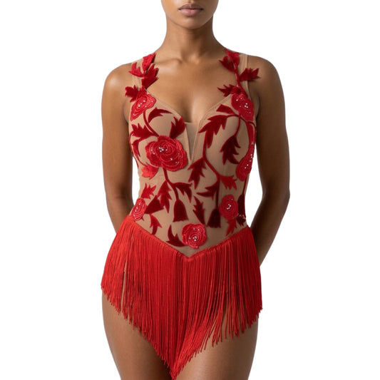 ByCharme Bright Red Light Brown Velvet Flowers Latin Salsa Competition Dress - BCL-0181