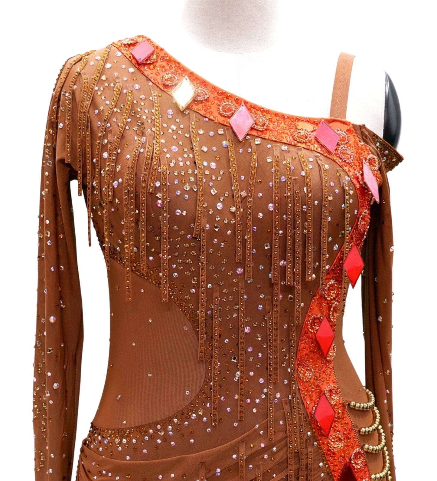ByCharme Brown Orange Red Fringes Latin Salsa Competition Dress - BCL-0106